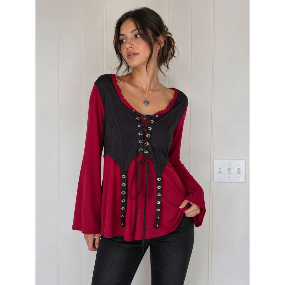 Red Long Sleeve Top with Black Lace-Up Bodice Gothic Corset Fairycore Tunic 3XL
